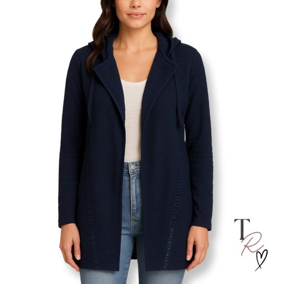 Lucky Brand Navy Blue Hooded Open Front Cardigan Sweater Size Small - Picture 1 of 13